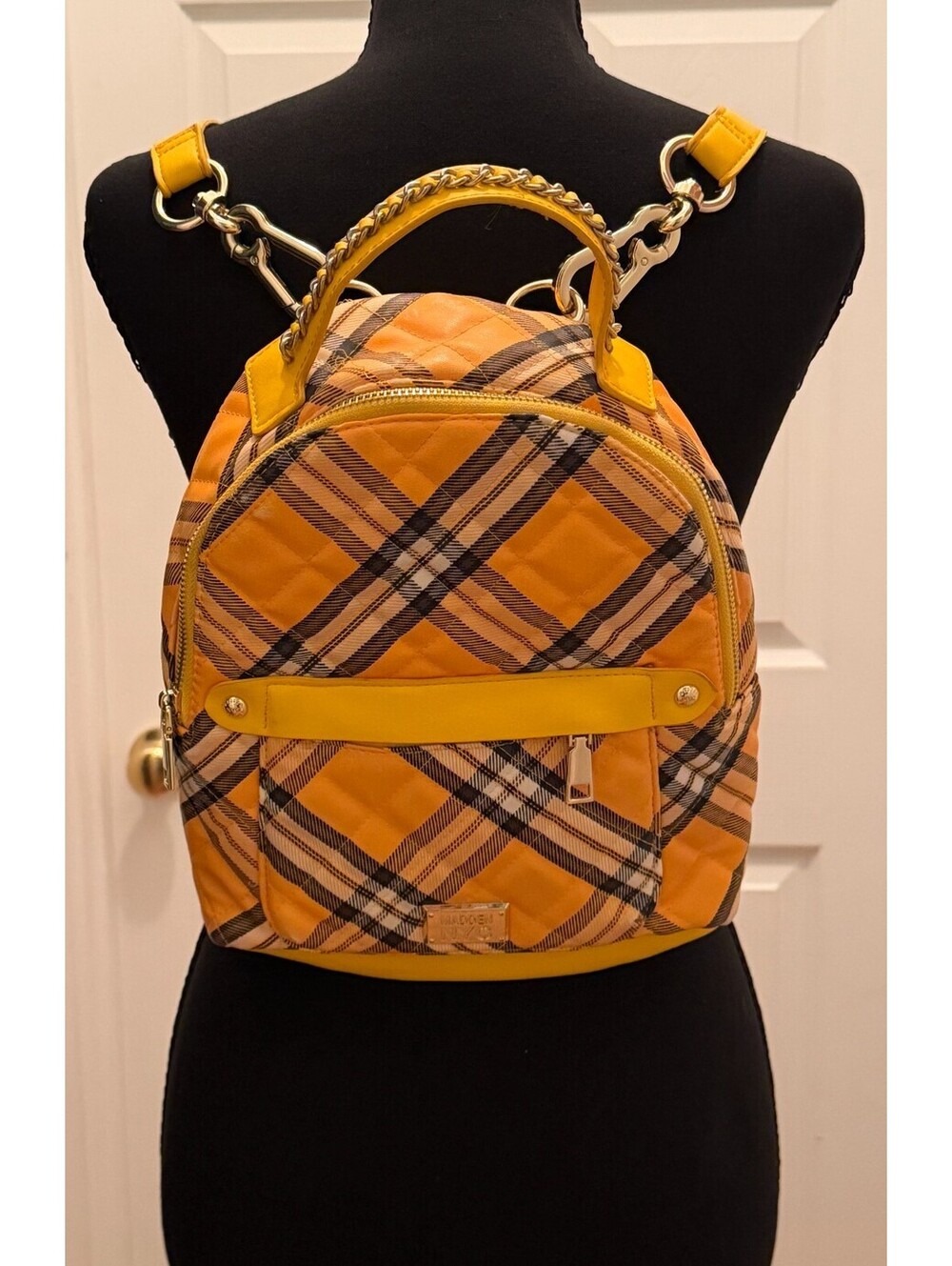 Y2K Madden NYC Mini Backpack Yellow Plaid Quilted Faux Leather Convertible Purse